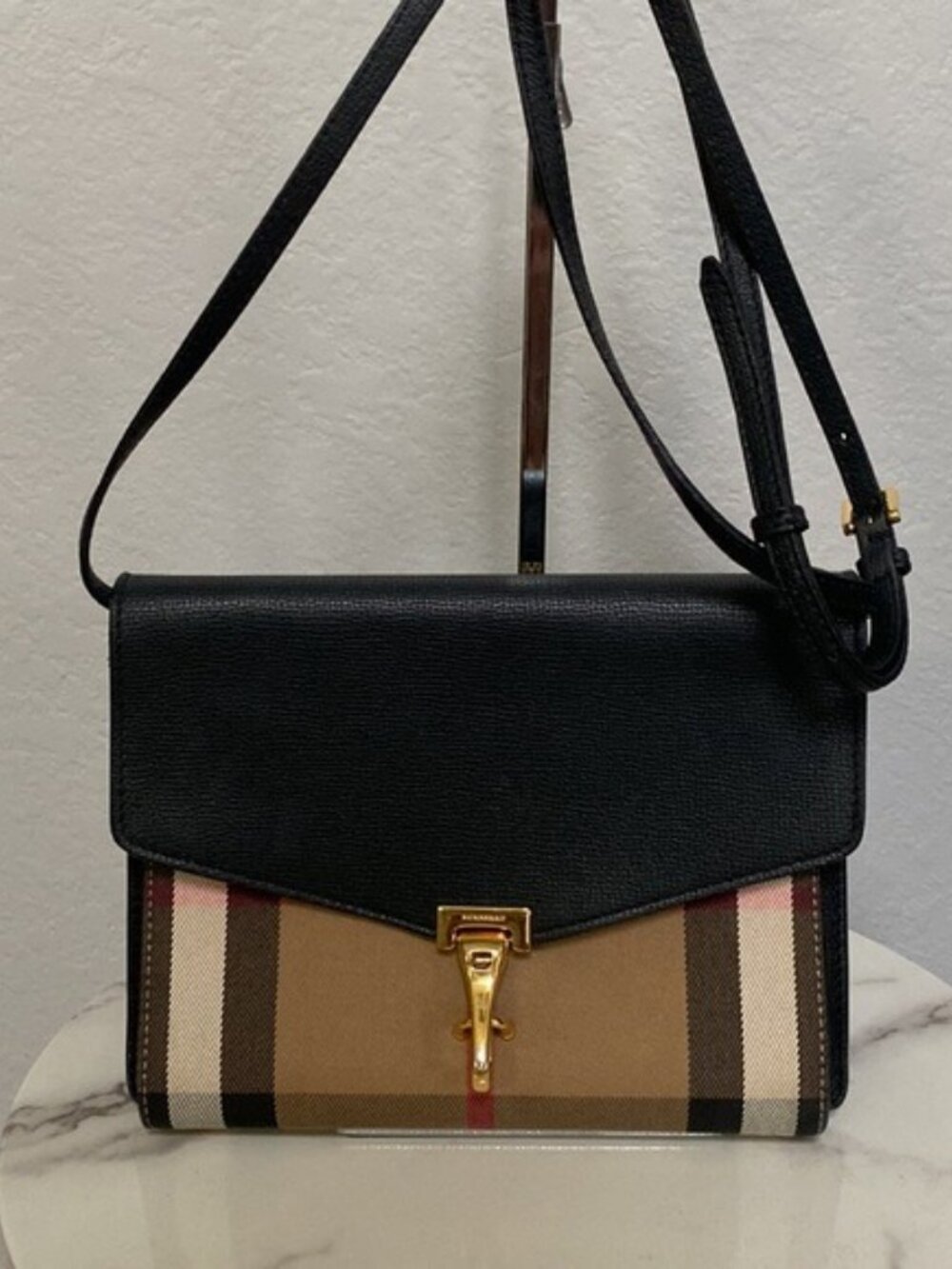 Burberry House Check Canvas Black Leather Macken Crossbody Bag